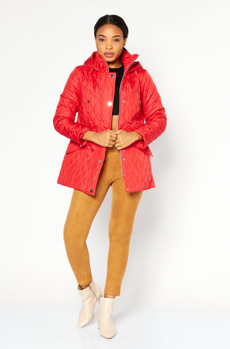 London Fog Women Hooded Plain Quilted Jacket, Red - Image 2