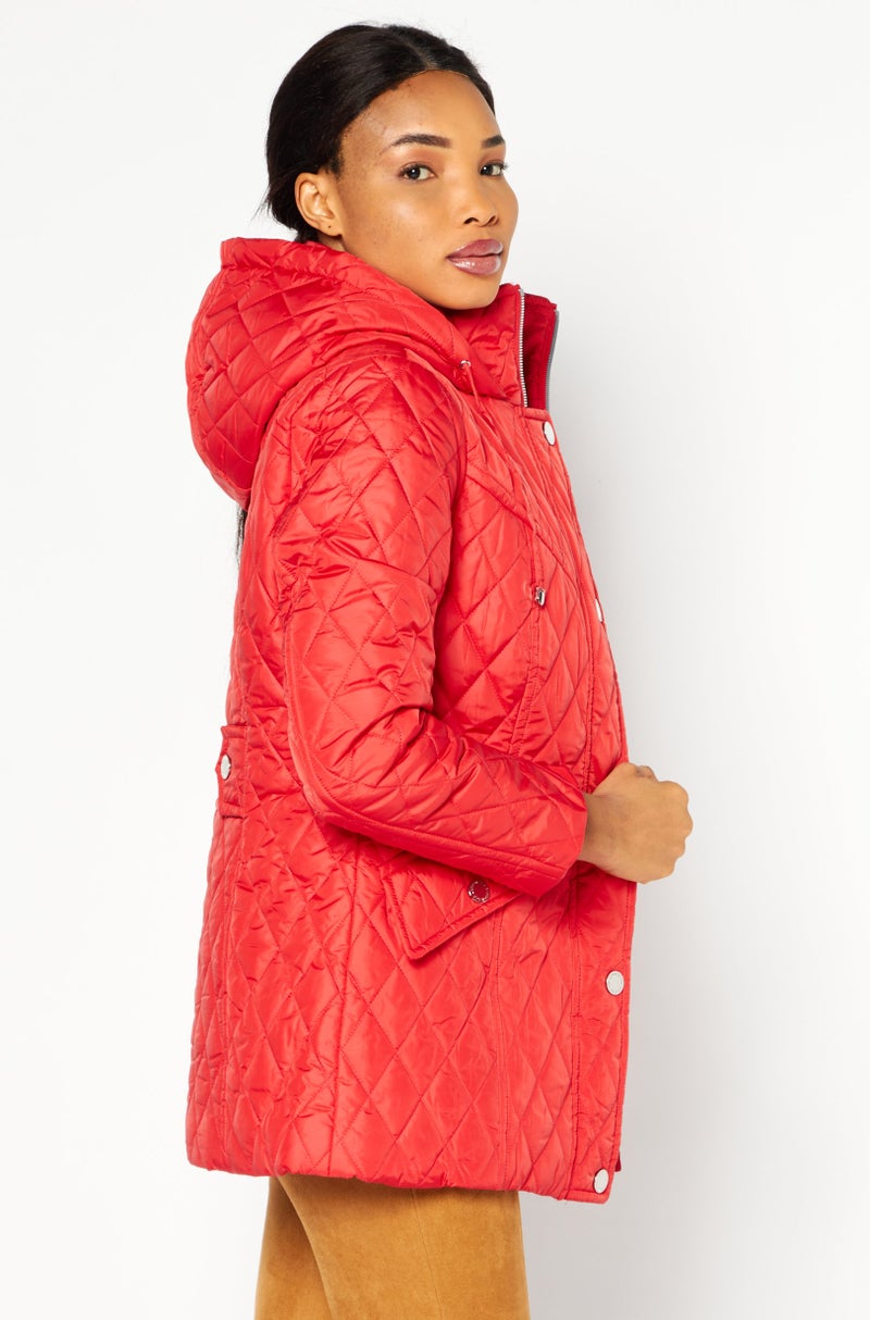 London Fog Women Hooded Plain Quilted Jacket, Red - Image 4