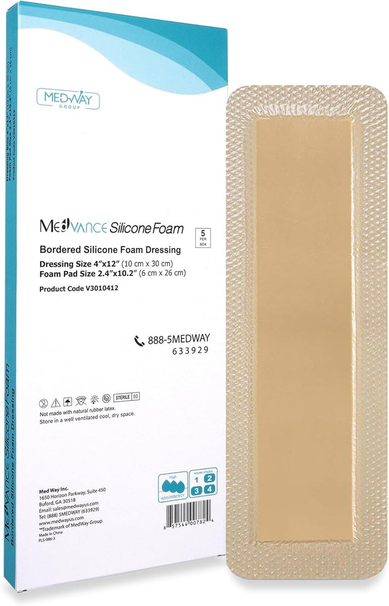 دressing سيليكون MedVanceTM - ضمادة سيليكون لاصقة ذات حواف بحجم 4"x 12" (وسادة 2.4"x10.4") علبة تحتوي على 5 ضمادات