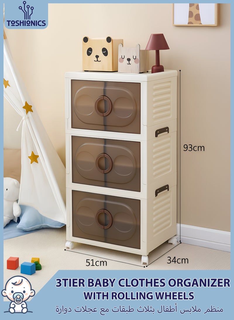 Toshionics 3 Tier Baby Storage Plastic Cabinet with Rolling Wheels – 51x93x34cm Collapsible, Foldable, Portable Clothes Storage Rack Organizer with Magnetic Transparent Double-Doors, Secure Lids and Lockable Casters – Dustproof and Lightweight Storage Bins Stackable Cupboard Box Baby’s Armoire Dresser for Clothes, Diapers, Blankets Infants Kids Toddlers Nursery Organizer Playroom Storage Solution for Toys - Image 1