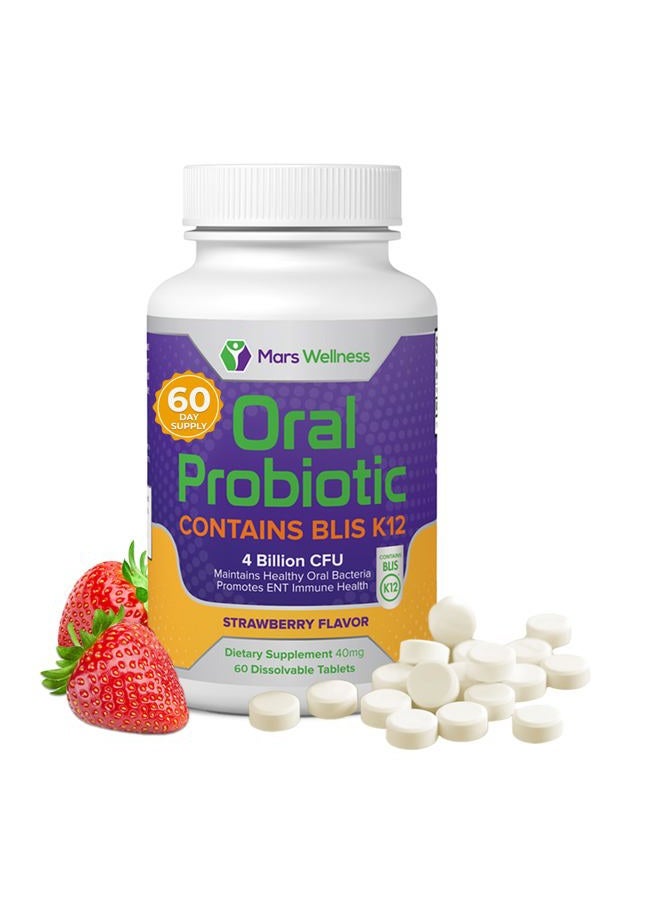 MARS WELLNESS مكمل بروبيوتيك فموي مع BLIS K12 4 مليار CFU - الآن خالي من الألبان زجاجة إمداد لمدة 60 يومًا لرائحة الفم الكريهة، التهاب الحلق، التجاويف، صحة الفم والأسنان - خالي من السكر - صنع في الولايات المتحدة - 60 حبة - Image 1