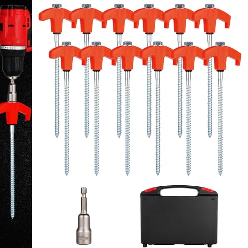 YIYAO 12 Pack Screw in Tent Stakes Heavy Duty8 Ground Anchors Screw inMetal Stakes with Hex Head Driver and Sturdy Storage Box 12 Orange - Image 1