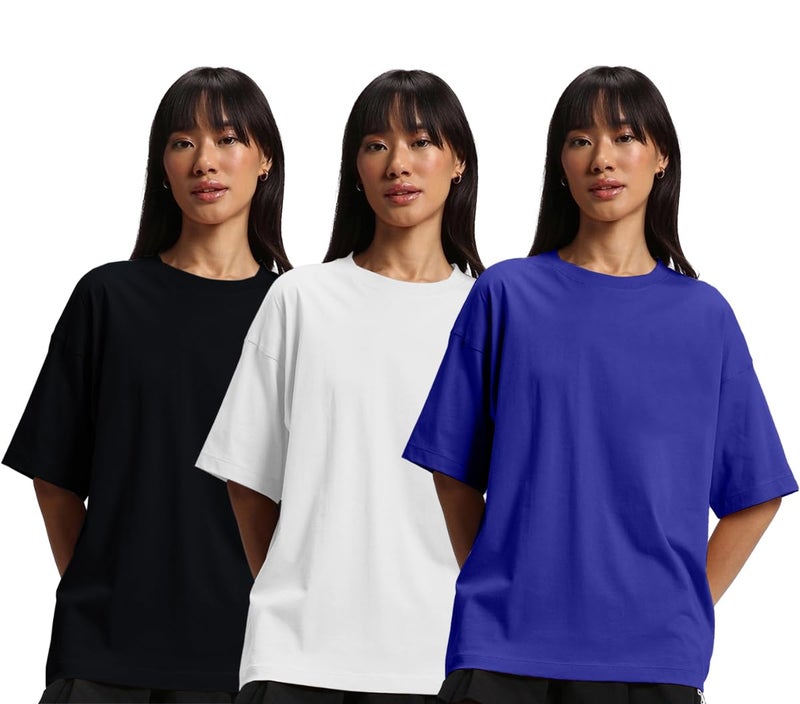 JUNEBERRY® Pure Cotton Drop Shoulder Oversized Baggy Fit Half Sleeve Plain Solid Round Neck Multicolor T-Shirt for Women & Girls (Pack of 3) (PO3_OS_J_RB_WT_BK_M) - Image 1