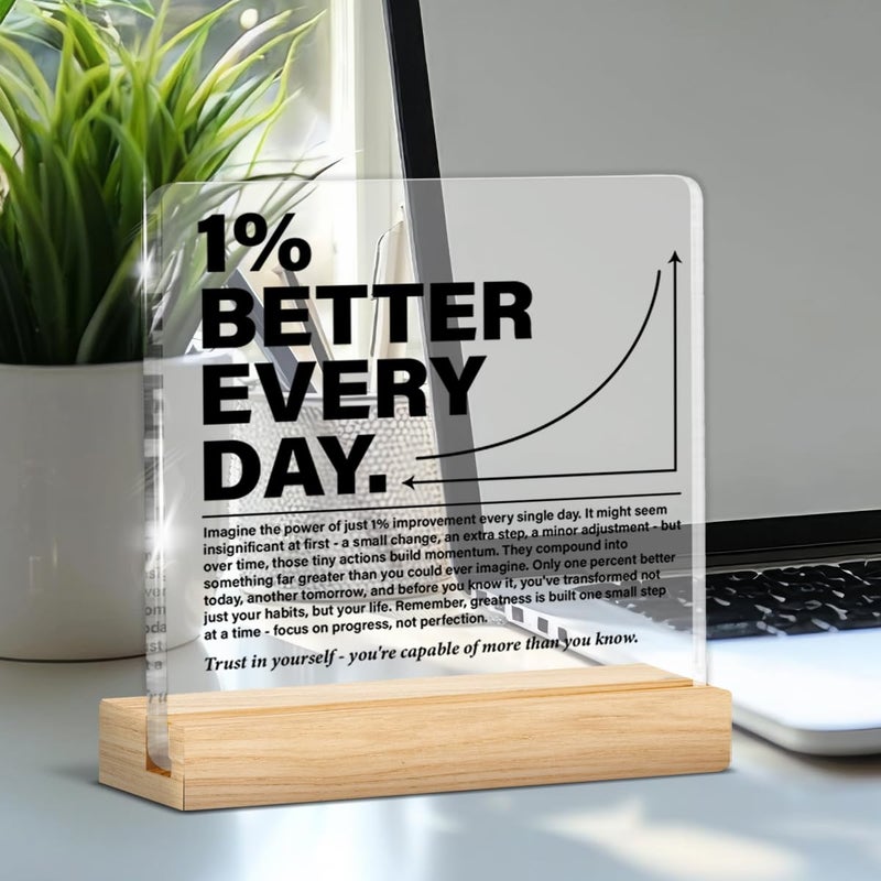 YGBF Inspirational Office Home Desk Decor 1% Better Every Day Clear Acrylic Desk Decorative Sign, Motivational Gifts for Coworker Employee Friend - Image 4