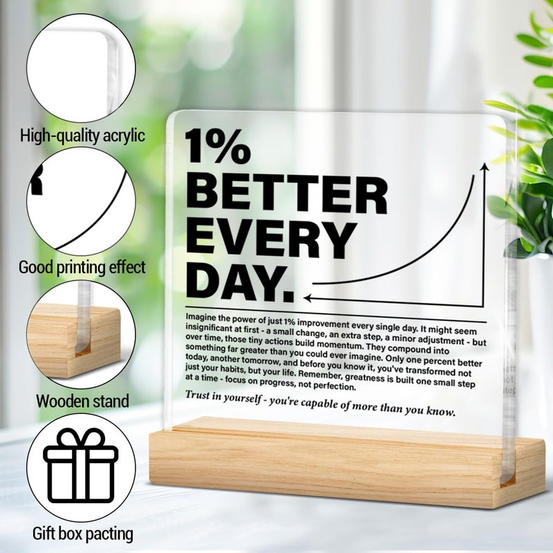 YGBF Inspirational Office Home Desk Decor 1% Better Every Day Clear Acrylic Desk Decorative Sign, Motivational Gifts for Coworker Employee Friend - Image 3