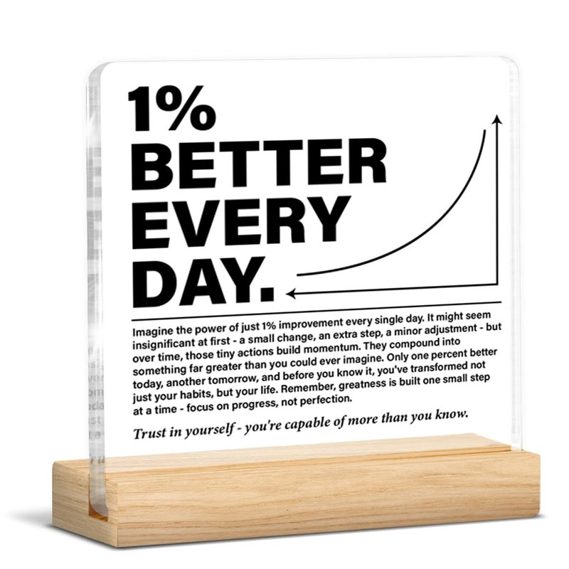 YGBF Inspirational Office Home Desk Decor 1% Better Every Day Clear Acrylic Desk Decorative Sign, Motivational Gifts for Coworker Employee Friend - Image 1