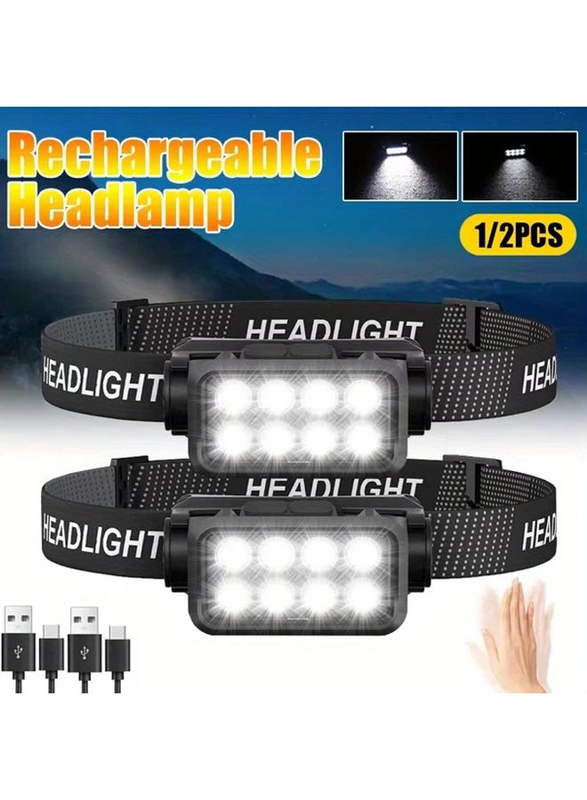 قطعتان مصباح أمامي قابلة لإعادة الشحن 8 LED مع مستشعر الحركة 5 أوضاع خفيفة الوزن للتخييم في الهواء الطلق - Image 1