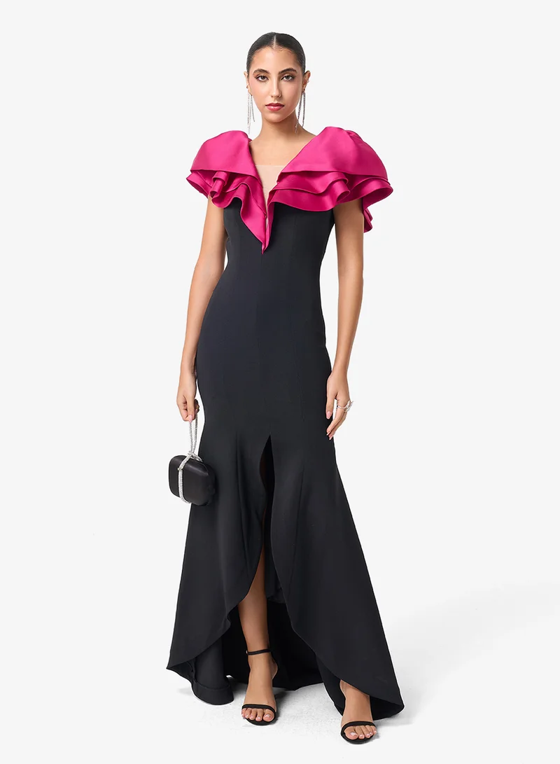 Threadz by Ajooni  Asymmetric Ruffle Sleeve Maxi Dress for Women | Best Price UAE