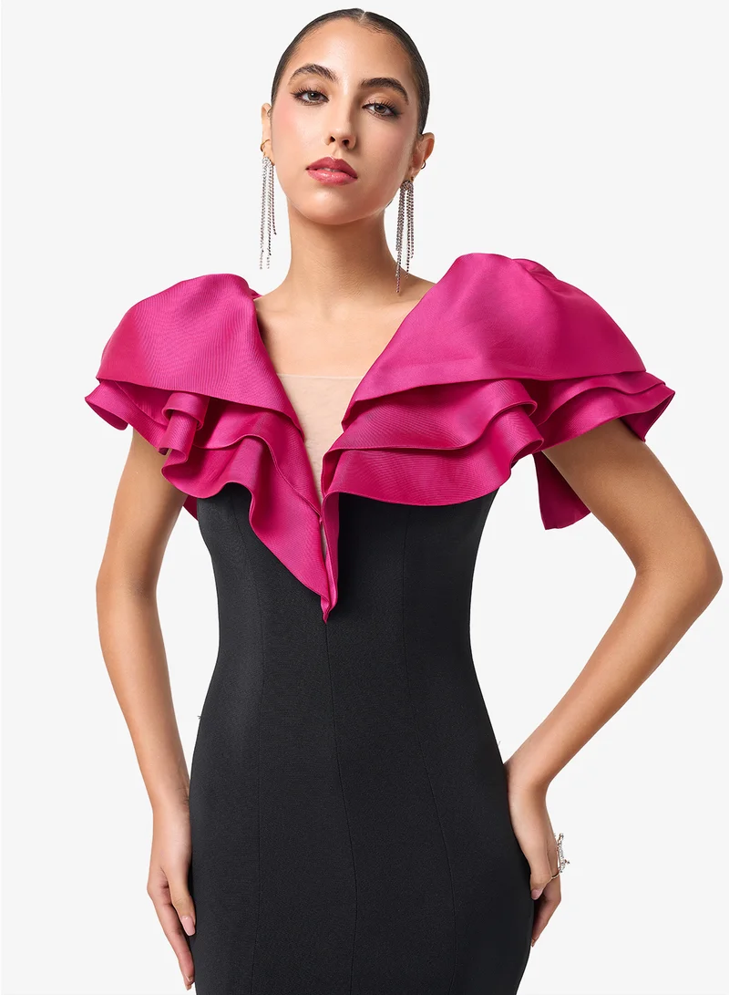 Threadz by Ajooni  Asymmetric Ruffle Sleeve Maxi Dress for Women | Best Price UAE