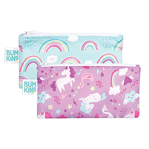 Bumkins Reusable Snack Bags for Kids School Lunch and for Adults Portion Washable Fabric Waterproof Cloth Zip Bag Supplies Travel Pouch FoodSafe 2pk Unicorns and Rainbows