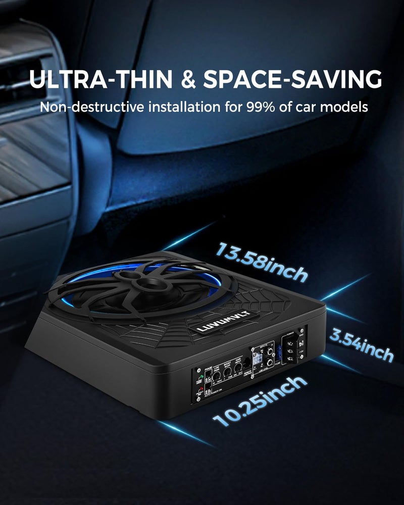 LUVUMVLT مضخم صوت سيارة LUVUMVLT 1200W 10"، مضخم صوت رفيع تحت المقعد مع حزمة مضخم الصوت، إدخال عالي/منخفض المستوى، مضخم صوت مدمج في حزمة مضخم الصوت للسيارة/الشاحنة، مع ضوء LED أزرق - Image 3
