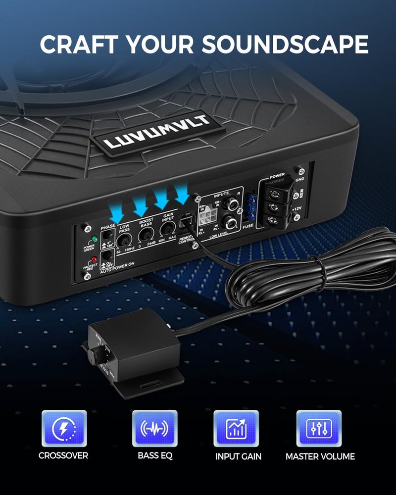 LUVUMVLT مضخم صوت سيارة LUVUMVLT 1200W 10"، مضخم صوت رفيع تحت المقعد مع حزمة مضخم الصوت، إدخال عالي/منخفض المستوى، مضخم صوت مدمج في حزمة مضخم الصوت للسيارة/الشاحنة، مع ضوء LED أزرق - Image 5