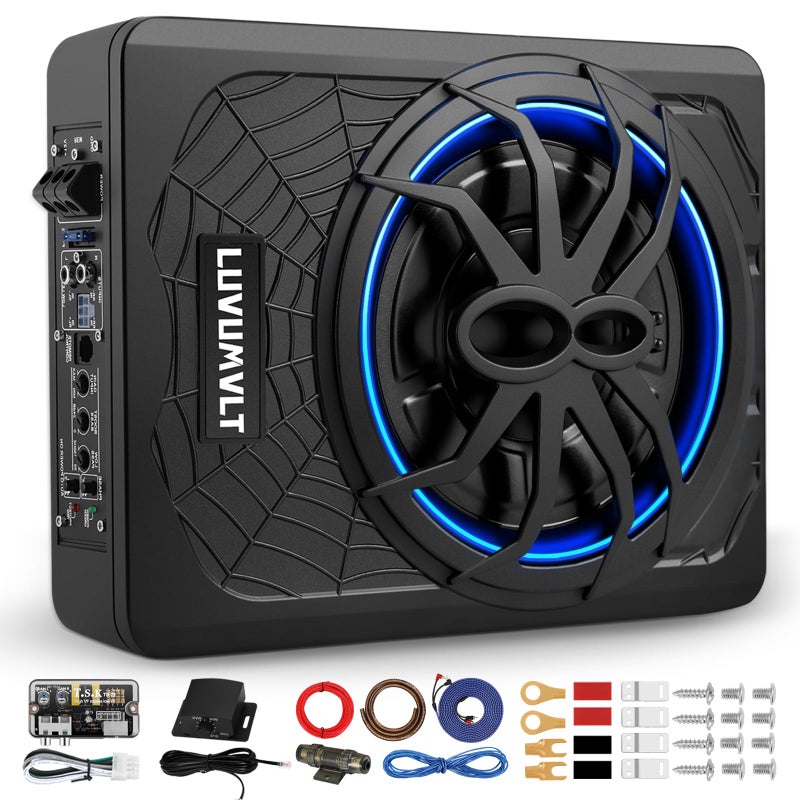 LUVUMVLT مضخم صوت سيارة LUVUMVLT 1200W 10"، مضخم صوت رفيع تحت المقعد مع حزمة مضخم الصوت، إدخال عالي/منخفض المستوى، مضخم صوت مدمج في حزمة مضخم الصوت للسيارة/الشاحنة، مع ضوء LED أزرق - Image 1