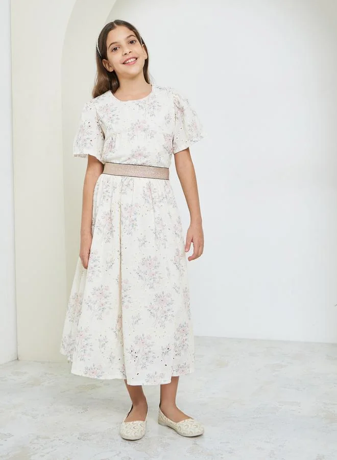 Styli Girls Cream Embroidered Schiffli Top