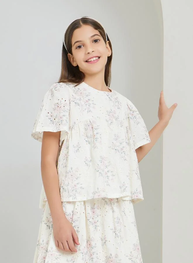 Styli Girls Cream Embroidered Schiffli Top
