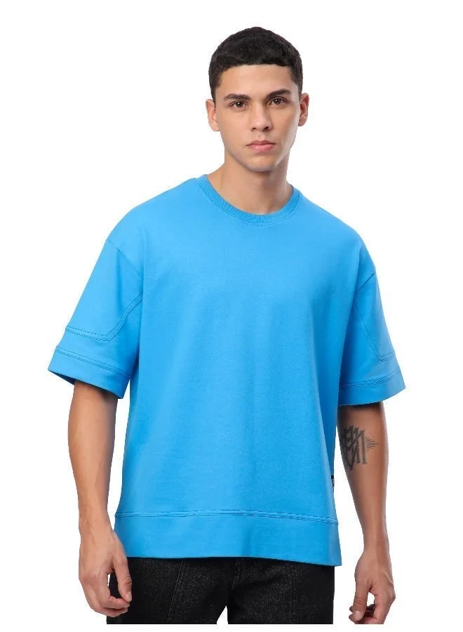 Beyoung Aqua Blue Cut And Sew Panel Oversized T-Shirt