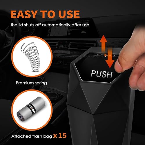HOTOR Car Trash Can with Lid - 1 Pack, Car Accessories for Interior, Leakproof Vehicle Garbage Can with 15 Attached Trash Bags, Multipurpose Organizers and Storage for Home, Office, Black - Image 2