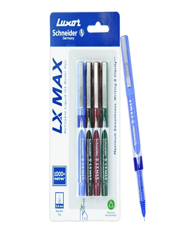 Luxor Schneider LX MAX roller ball pen, Pack of 4 - Assorted, Needle Tip, 0.5mm, 100% German Technology, 1000+ mtrs writing length, Waterproof Ink, Ideal for Students & Professionals - Image 1