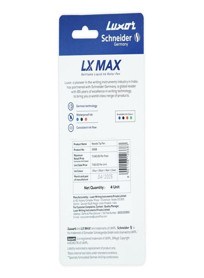 Luxor Schneider LX MAX roller ball pen, Pack of 4 - Assorted, Needle Tip, 0.5mm, 100% German Technology, 1000+ mtrs writing length, Waterproof Ink, Ideal for Students & Professionals - Image 4