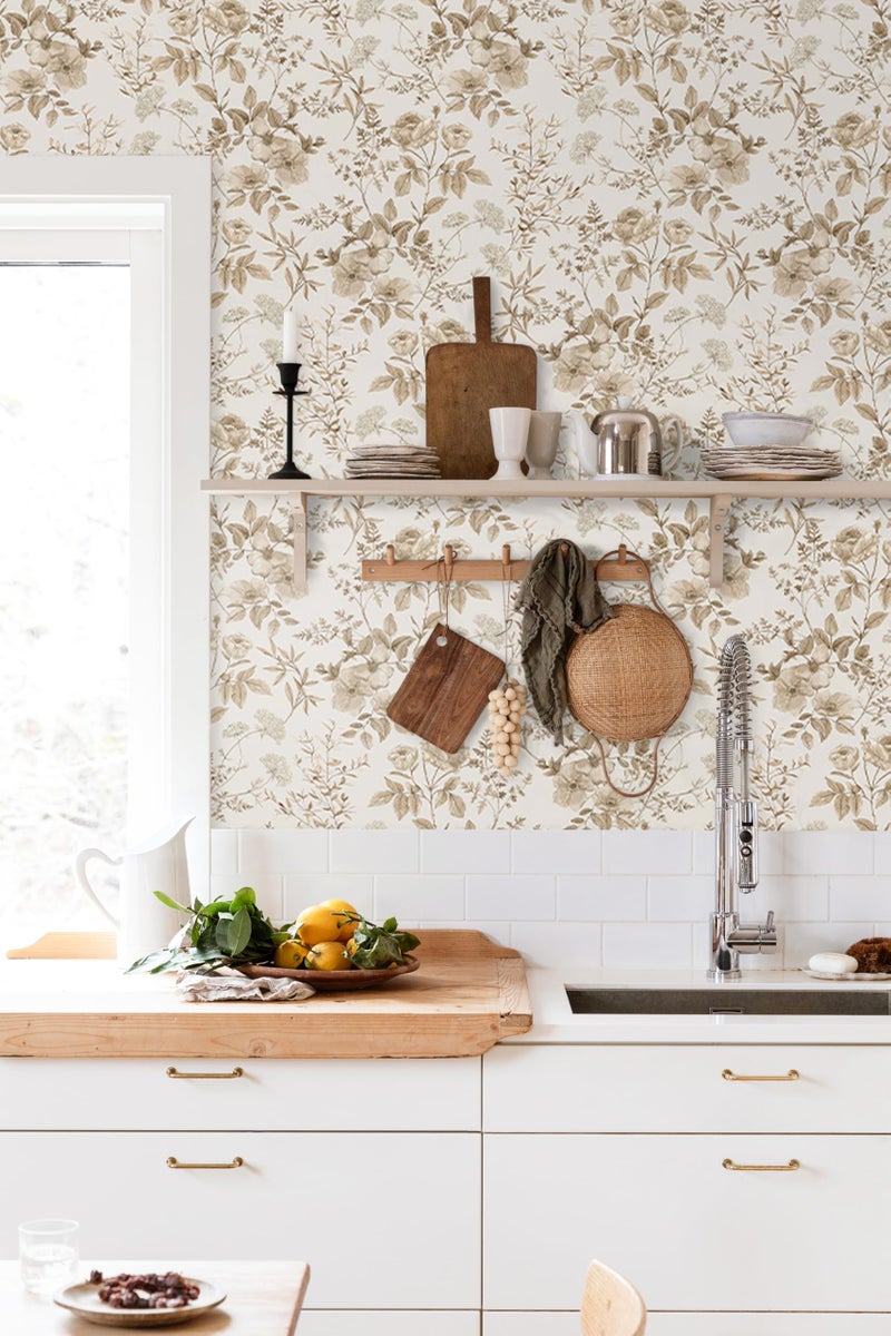 Erfoni 16.9" x394" Beige Floral Peel and Stick Wallpaper Boho Floral Leaf Contact Paper Boho Self Adhesive Wall Paper Flower DIY Removable Decoration Wallpaper for Livingroom Accent Wall Covering - Image 3
