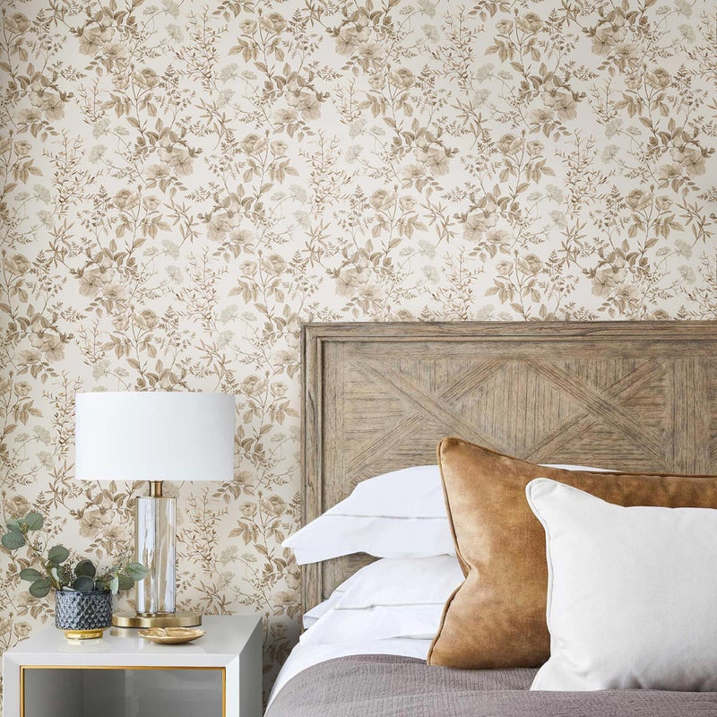 Erfoni 16.9" x394" Beige Floral Peel and Stick Wallpaper Boho Floral Leaf Contact Paper Boho Self Adhesive Wall Paper Flower DIY Removable Decoration Wallpaper for Livingroom Accent Wall Covering - Image 4