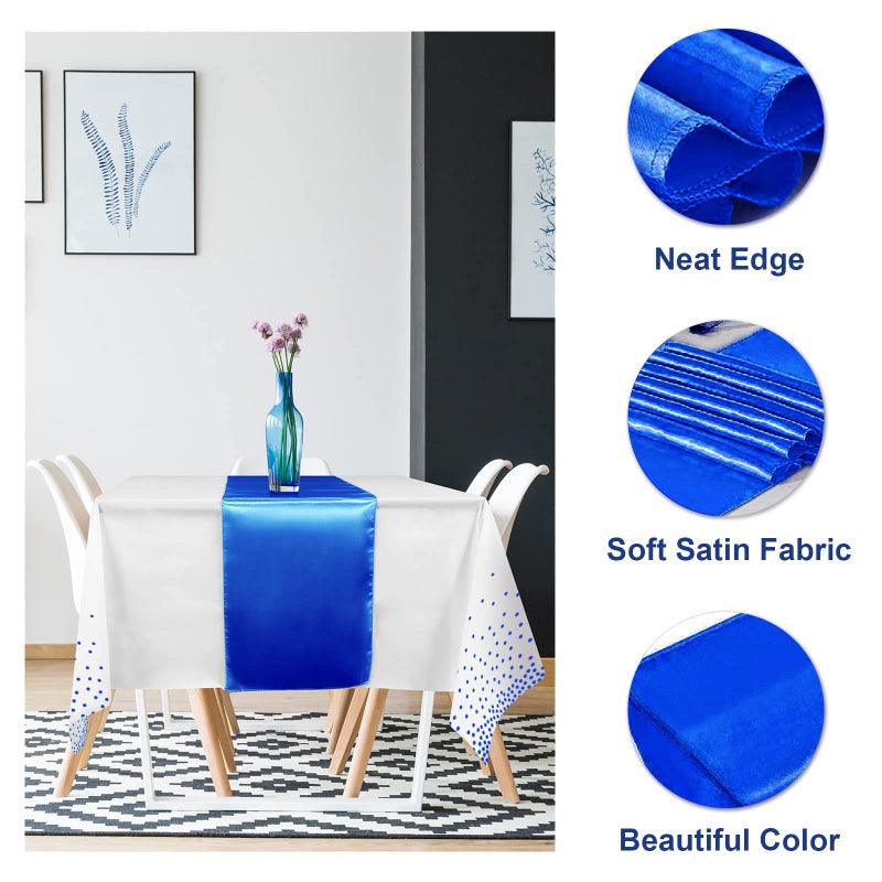 MASHAN 8Pack Disposable Plastic Tablecloths and Satin Table Runner White and Royal Blue Dot Tablecloth Blue Satin Table Runner for Wedding Birthday Baby Shower Anniversary Christmas New Year Party Supplies - Image 3