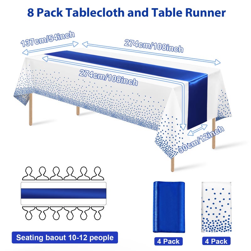 MASHAN 8Pack Disposable Plastic Tablecloths and Satin Table Runner White and Royal Blue Dot Tablecloth Blue Satin Table Runner for Wedding Birthday Baby Shower Anniversary Christmas New Year Party Supplies - Image 2