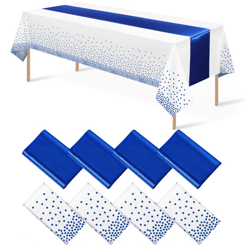 MASHAN 8Pack Disposable Plastic Tablecloths and Satin Table Runner White and Royal Blue Dot Tablecloth Blue Satin Table Runner for Wedding Birthday Baby Shower Anniversary Christmas New Year Party Supplies - Image 1