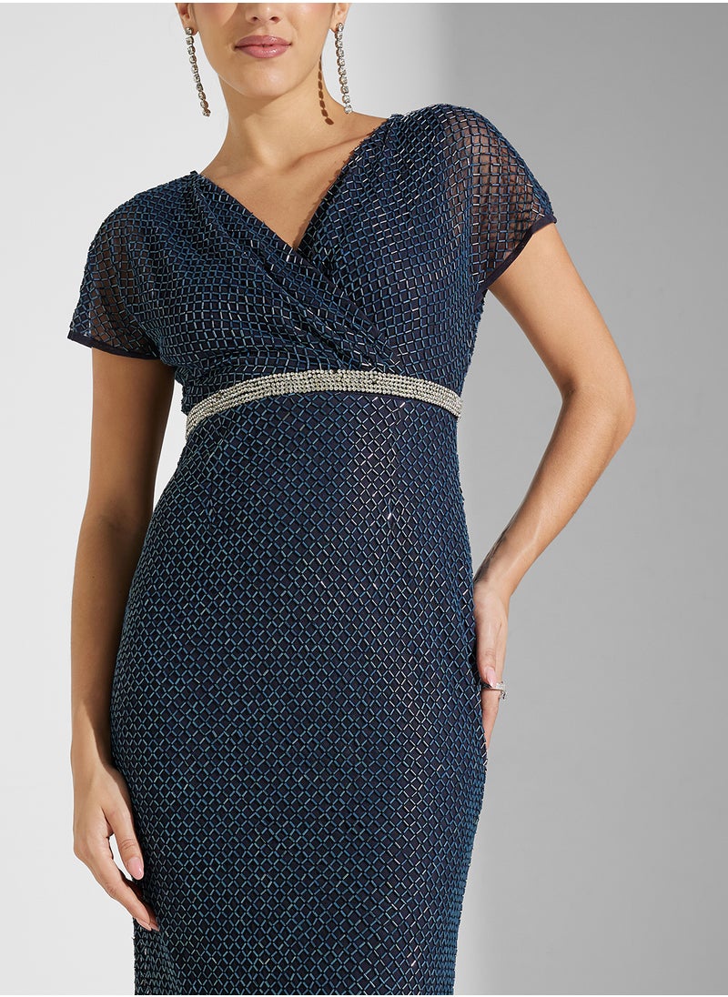 Amelia Rose - V-Neck Embellished Dress - Image 1