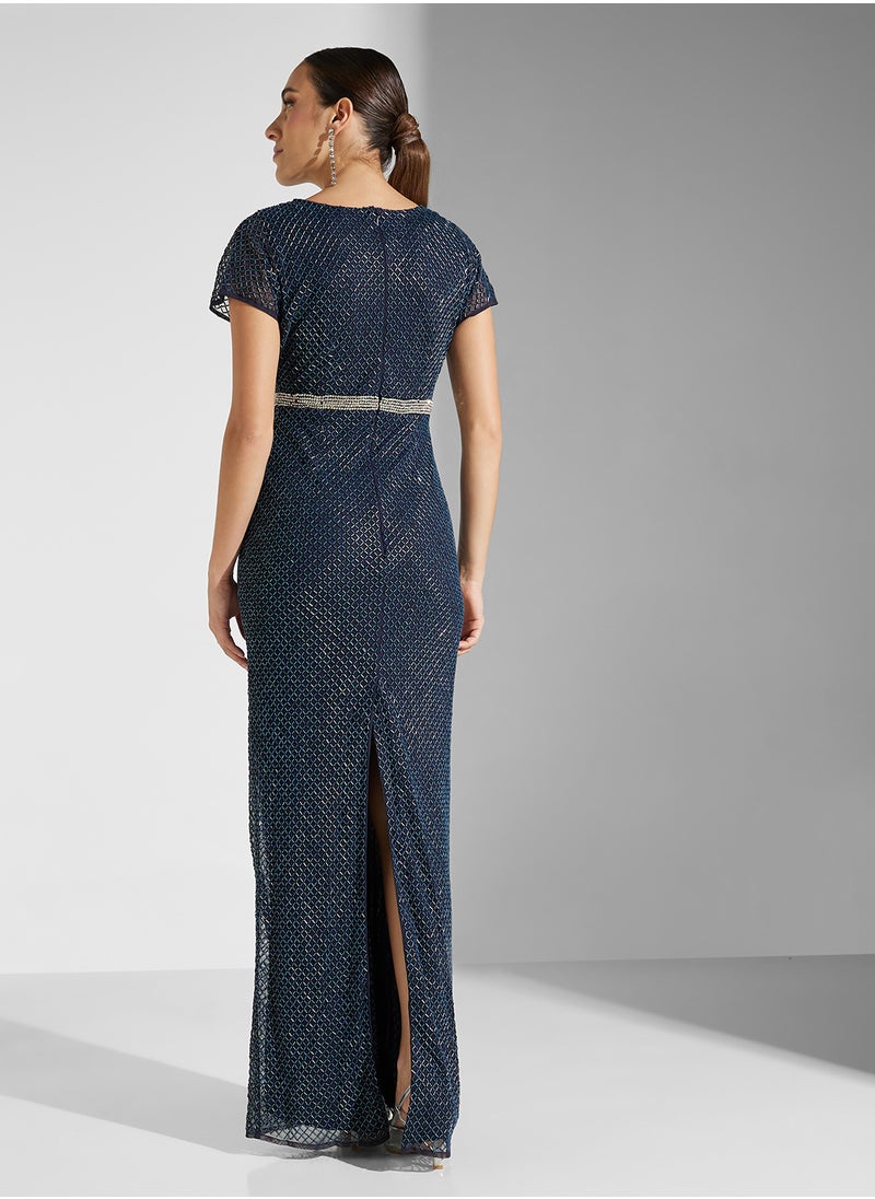 Amelia Rose - V-Neck Embellished Dress - Image 1