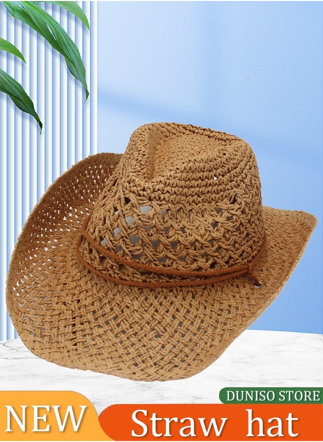 DUNISO - Straw Hats Summer Floppy Packable Panama Fedora Beach Sun Hat UPF 50+ Adjustable Chin Strap For Unisex - Image 1