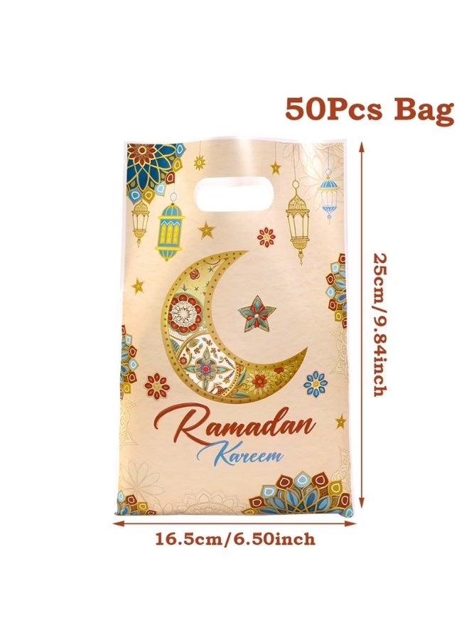 50PCS Ramadan Kareem Gift Bags – Moon Star Lantern Eid Mubarak Party Favor Bags 25×16.5cm Plastic Candy Treat Bags for Ramadan Eid Decorations - Image 1