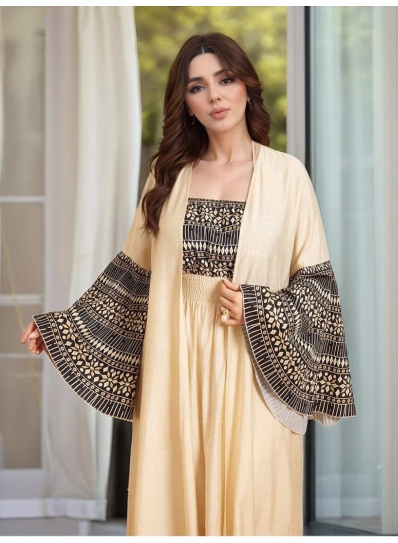 Elegant Printed Abaya Style Dress – Premium Flowing Fabric with Open Kimono Sleeve Design - Image 1