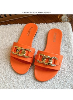 Womens Casual Summer 2023 Flat Foot Slippers With Metal Buckle One-Row Beach Sandals Nylon Lining Rubber Sole Adults Orange Red