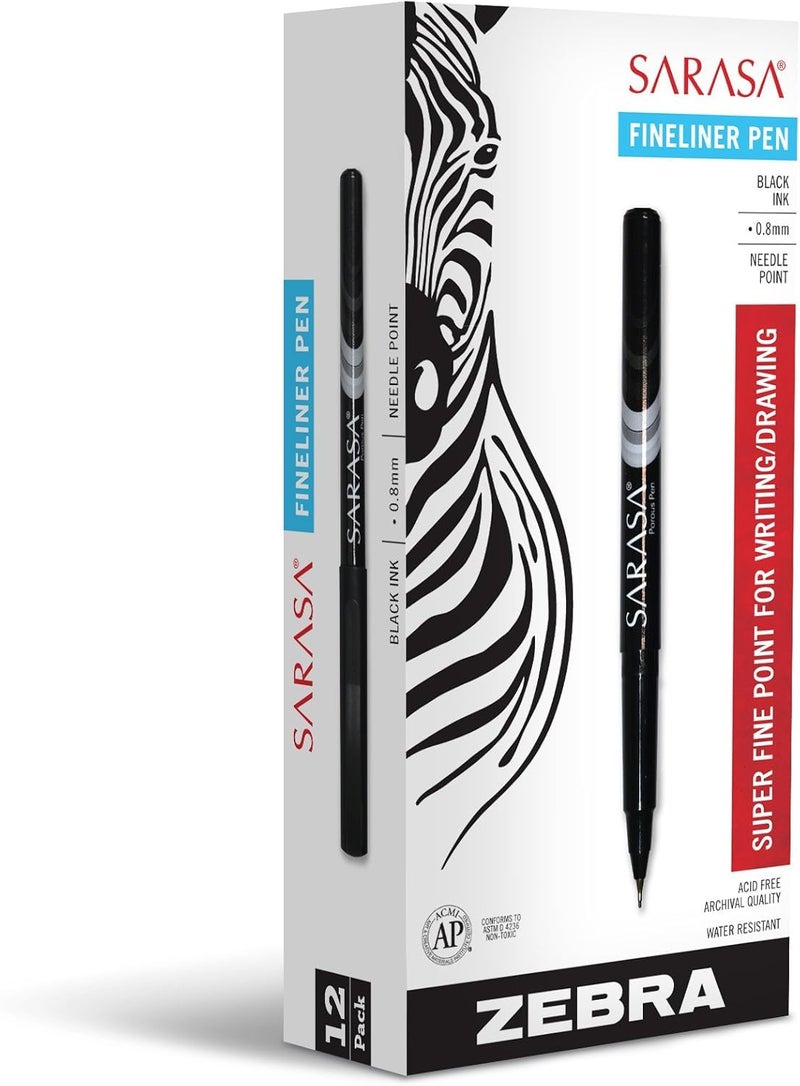 Zebra Pen Zebra Sarasa Fineliner Pen, 0.8mm, Black, 12-Count (66110) - Image 1