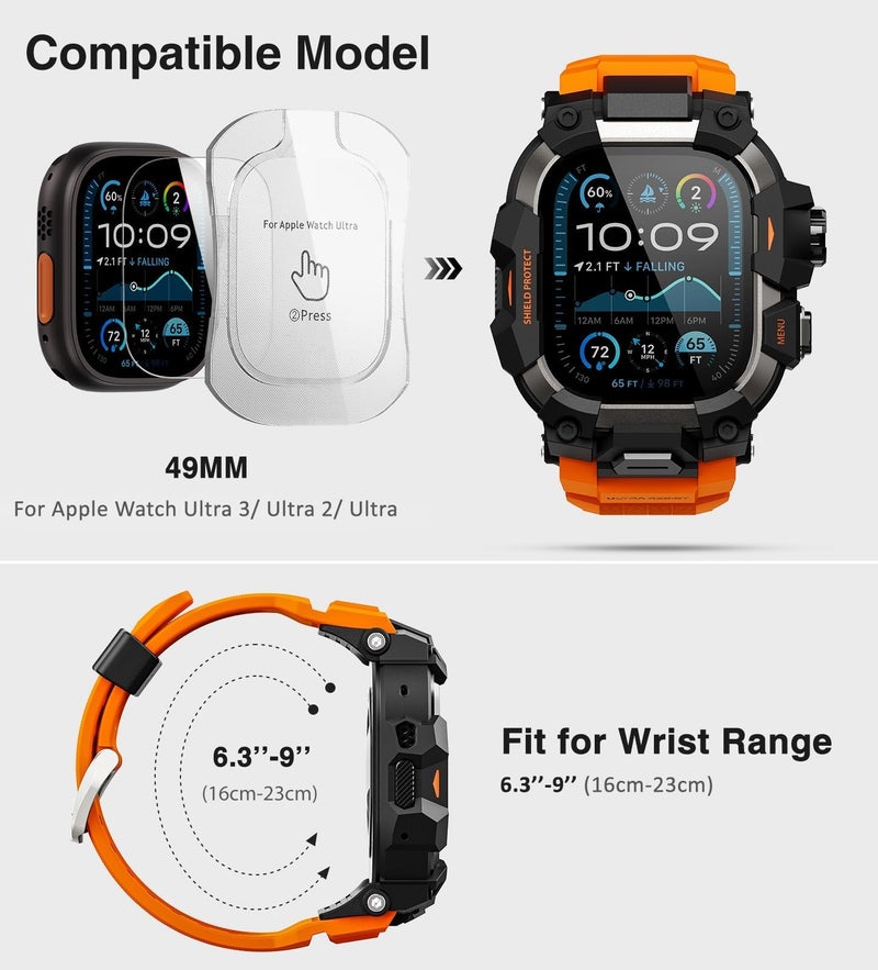 ULTIMAL Rugged Case with Band for Apple Watch 49mm,Compatible with Apple Watch Ultra 3/2/1, Military Grade Shockproof Bumper Cover for iWatch Tactical Band Men (49mm,Orange) - Image 2
