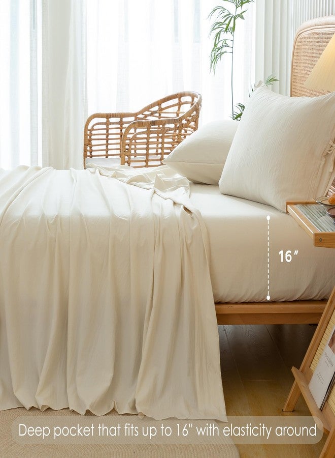 COTTEBED Washed PolyCotton Twin Sheets Sets Clearance, Ultra Soft Bedding Set, 3 Piece Breathable Vintage Durable Deep Pockets Bed Fitted Sheet Up to 15" for All Seasons Boy Girl Teen Dorm Ivory Beige - Image 3