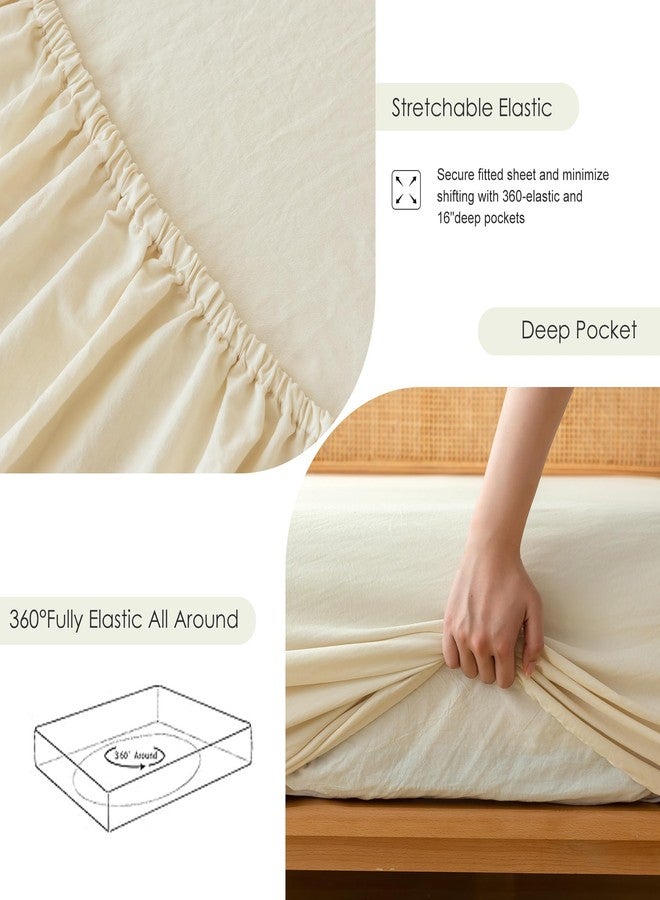 COTTEBED Washed PolyCotton Twin Sheets Sets Clearance, Ultra Soft Bedding Set, 3 Piece Breathable Vintage Durable Deep Pockets Bed Fitted Sheet Up to 15" for All Seasons Boy Girl Teen Dorm Ivory Beige - Image 5