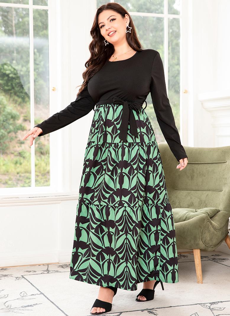 فرايديين انيق لبس العطلة دائري مشجر تباين اللون حزام الربط كم منتظم فساتين حجم إضافي اخضر - Image 4