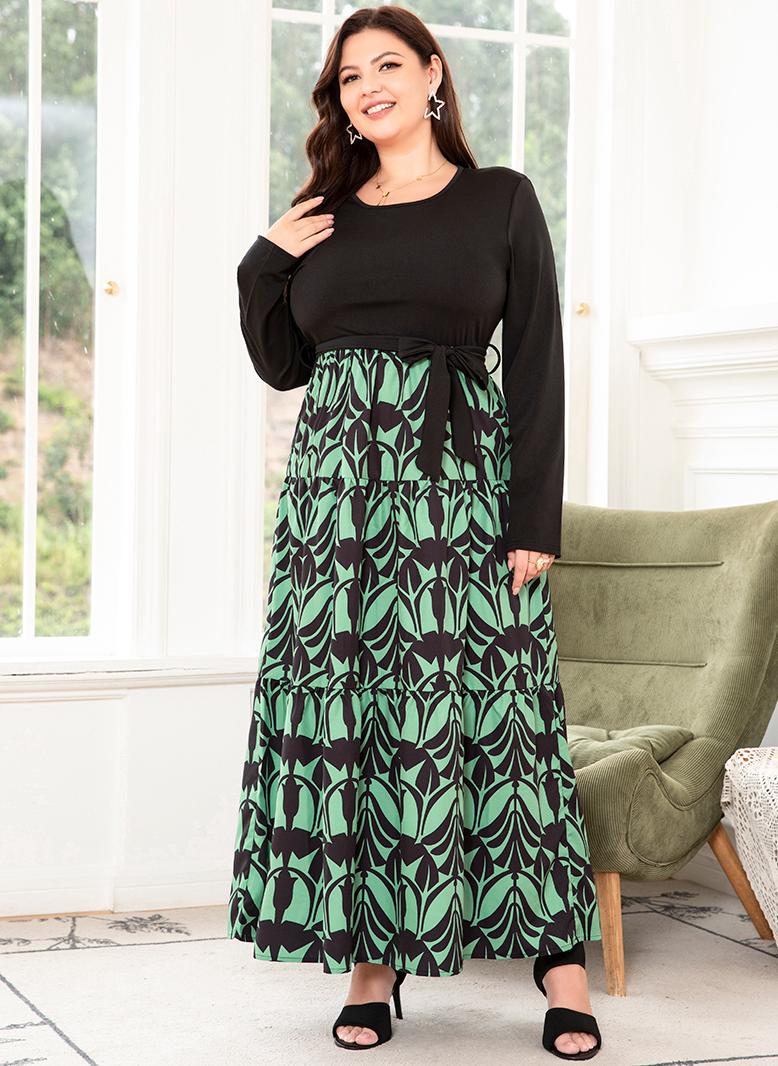 فرايديين انيق لبس العطلة دائري مشجر تباين اللون حزام الربط كم منتظم فساتين حجم إضافي اخضر - Image 1