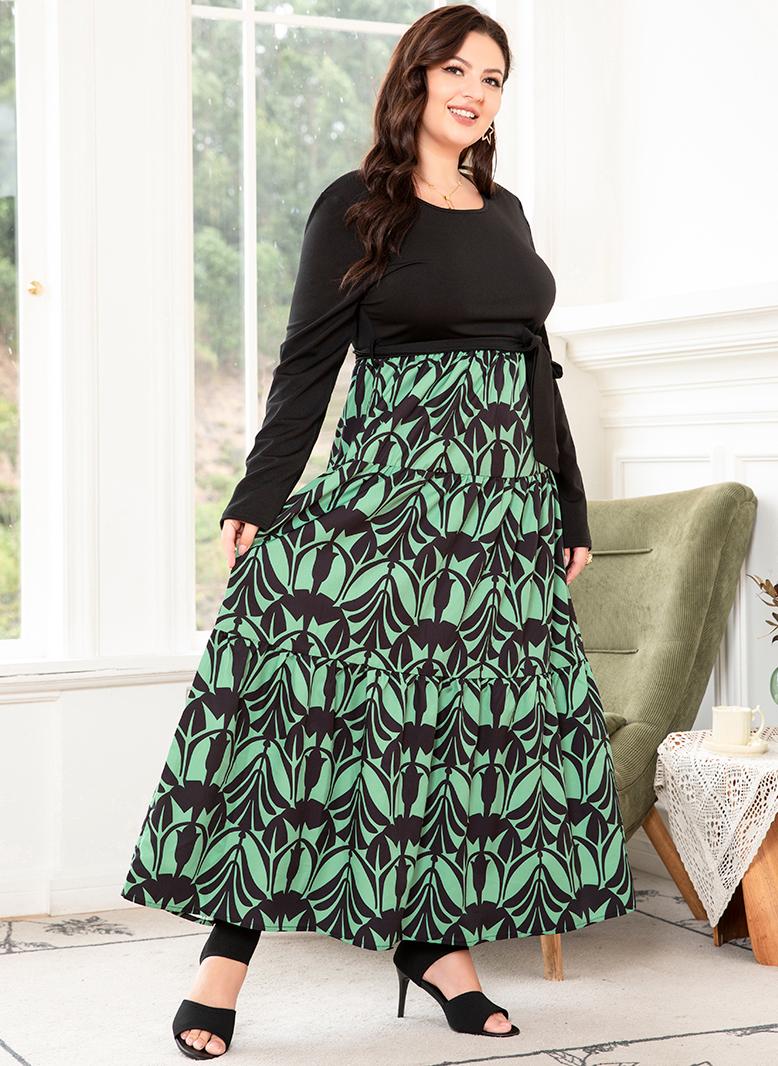 فرايديين انيق لبس العطلة دائري مشجر تباين اللون حزام الربط كم منتظم فساتين حجم إضافي اخضر - Image 3