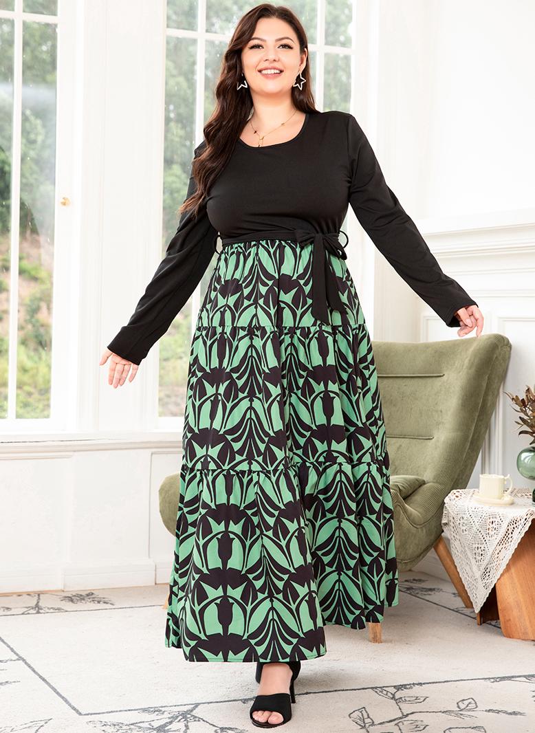 فرايديين انيق لبس العطلة دائري مشجر تباين اللون حزام الربط كم منتظم فساتين حجم إضافي اخضر - Image 5