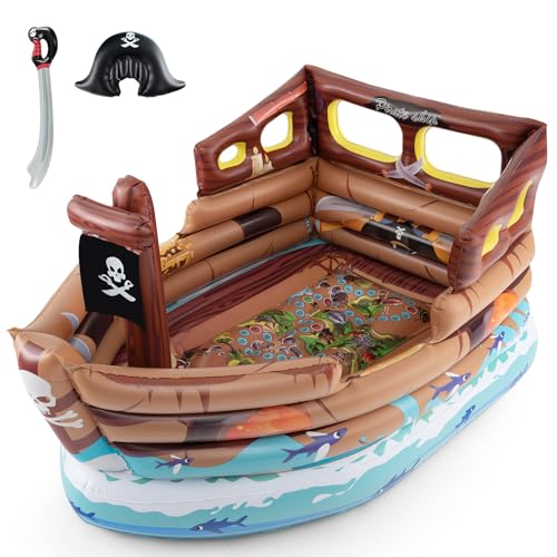 Goplus Inflatable Pirate Ship Blow up Playscape with Built in Motor Inflatable Toy Sword Pirate HatKids Toddlers Playhouse for Indoor Outdoor Backyard - Image 1