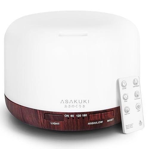 ASAKUKI Essential Oil Diffuser for Home, 500ml Aromatherapy Fragrant Oil Humidifier Vaporizer, 7-Color Light and Auto-Off Safety Switch Reddish-Brown - Image 1