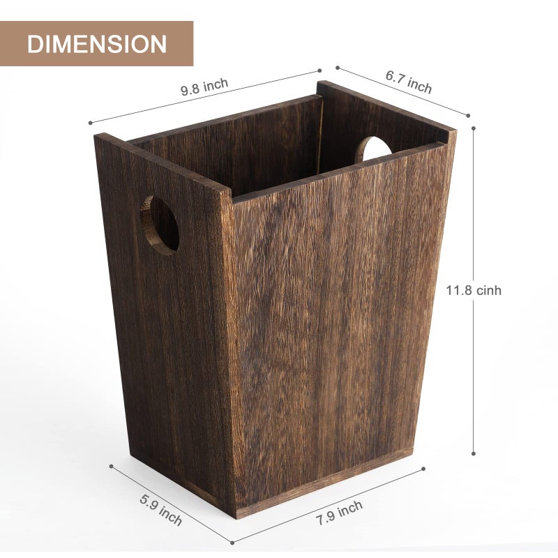 ETELI Wood Trash Can Wastebasket Small Rectangular Farmhouse Rustic Garbage Bin with Handles for Bedroom, Bathroom, Kitchen, Office, Brown - Image 2
