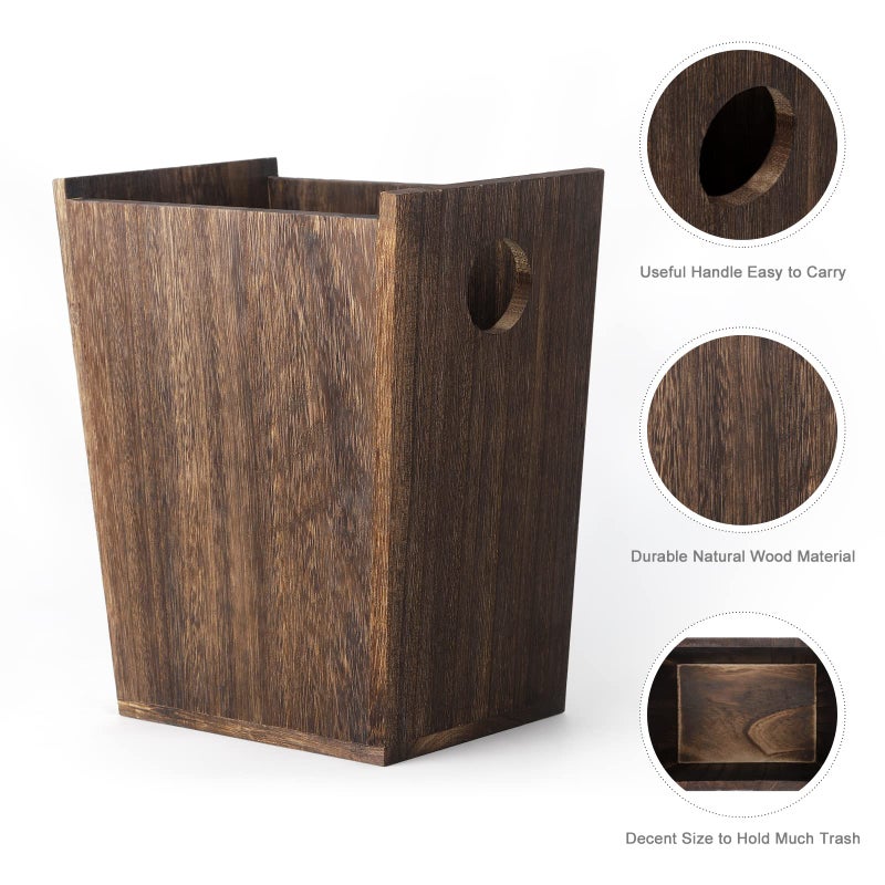 ETELI Wood Trash Can Wastebasket Small Rectangular Farmhouse Rustic Garbage Bin with Handles for Bedroom, Bathroom, Kitchen, Office, Brown - Image 3