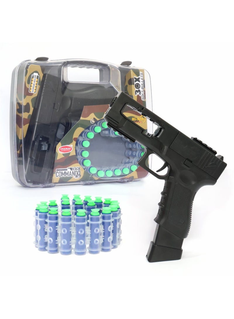 Chanak Automatic 30 rapid fire black commando dart gun, include 30 soft suction foam bullets with 20 bullet strips, rechargeable gun for kids, with carrying briefcase boys & girls above 3 years. - Image 1