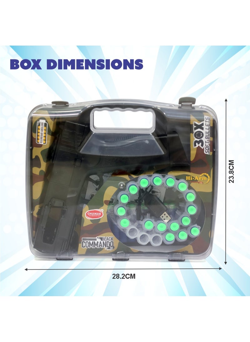 Chanak Automatic 30 rapid fire black commando dart gun, include 30 soft suction foam bullets with 20 bullet strips, rechargeable gun for kids, with carrying briefcase boys & girls above 3 years. - Image 3