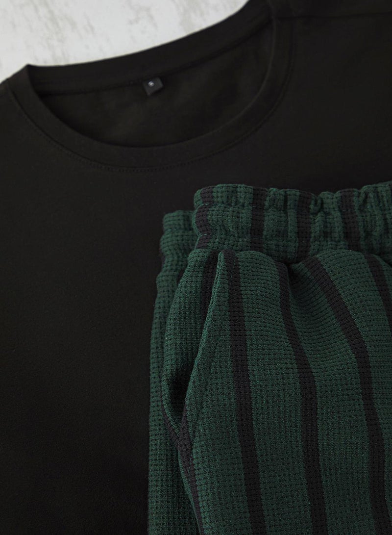 trendyol Black Knitted Pajamas Set with Green Stripes - Regular Fit Tmnss25Pt00029 - Image 2