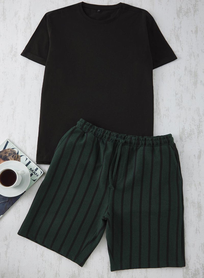 trendyol Black Knitted Pajamas Set with Green Stripes - Regular Fit Tmnss25Pt00029 - Image 1